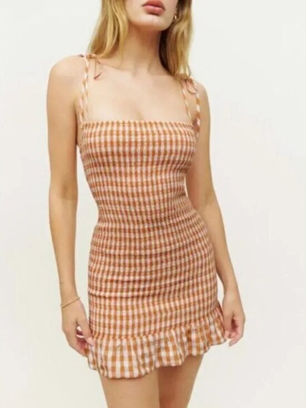 New Reformation Gemini Gingham Smocked Mini Dress Orange Brown Check Large $198